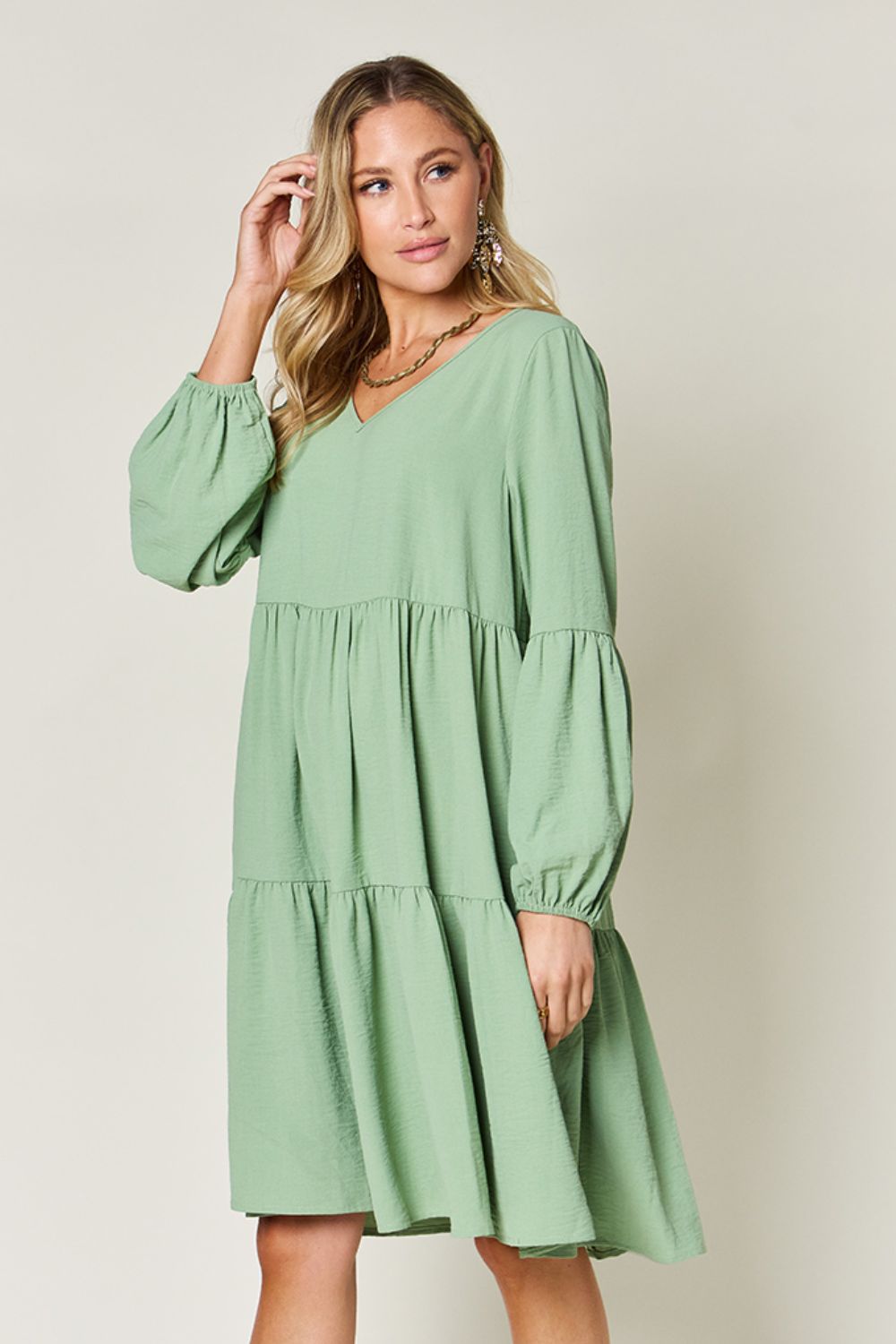 Double Take Full Size V-Neck Balloon Sleeve Tiered Women Dress with Pockets