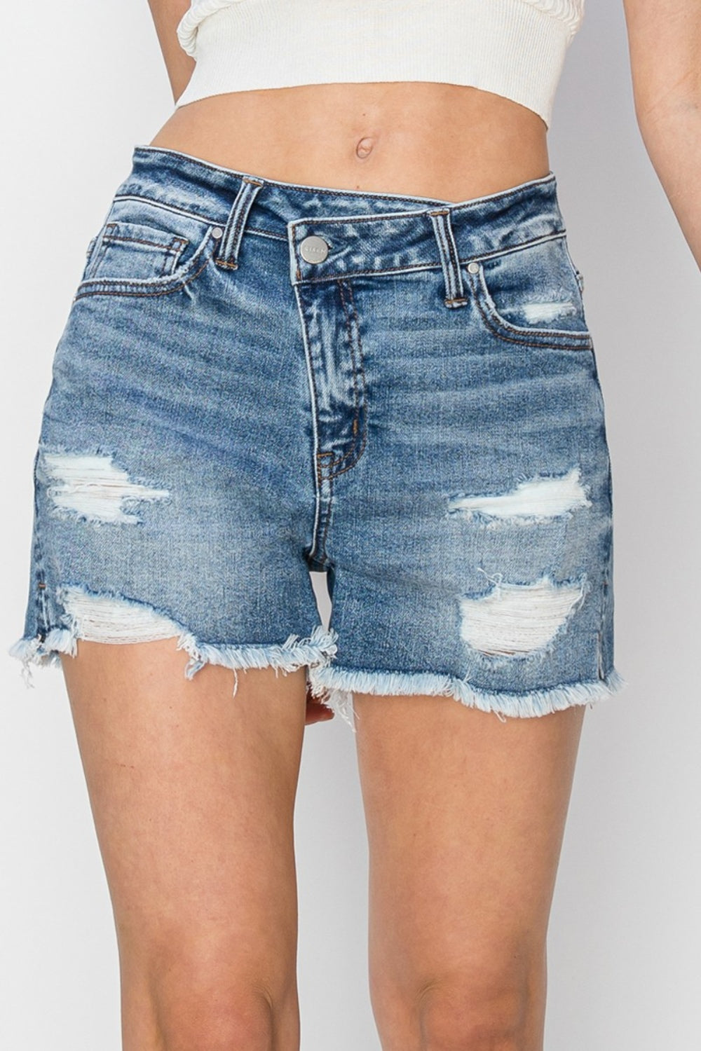 RISEN Stepped Waist Frayed Denim Women Shorts