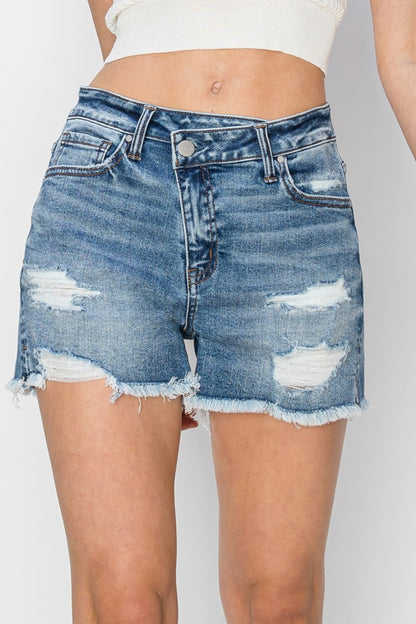 RISEN Stepped Waist Frayed Denim Women Shorts