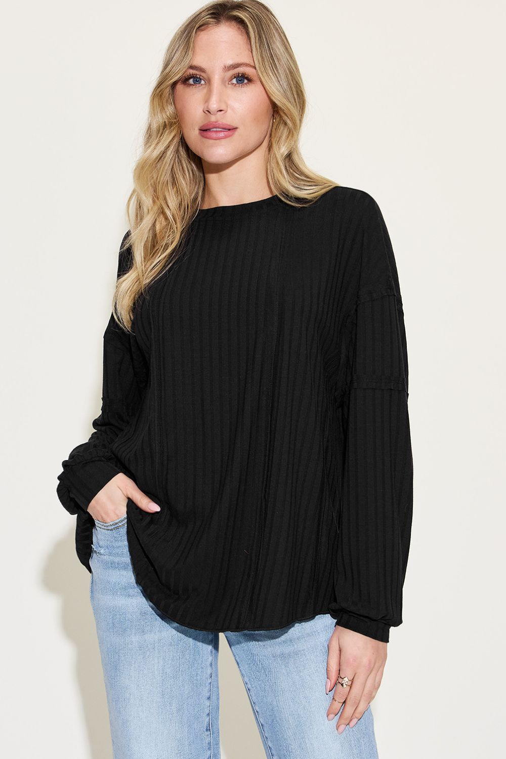 Basic Bae Full Size Ribbed Round Neck Long Sleeve Women T-Shirt