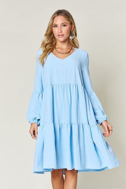 Double Take Full Size V-Neck Balloon Sleeve Tiered Women Dress with Pockets