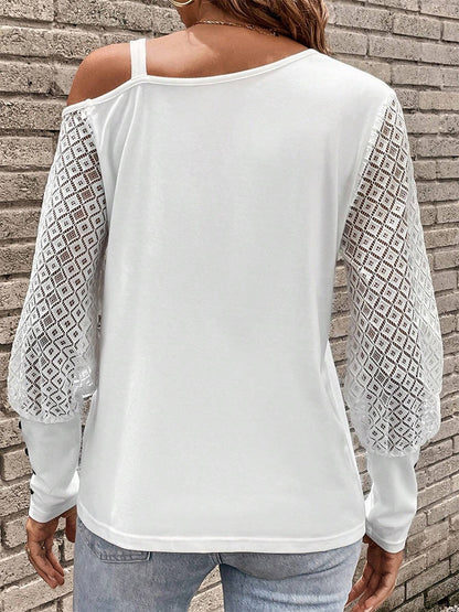 Asymmetrical Neck Lace Long Sleeve Women T-Shirt