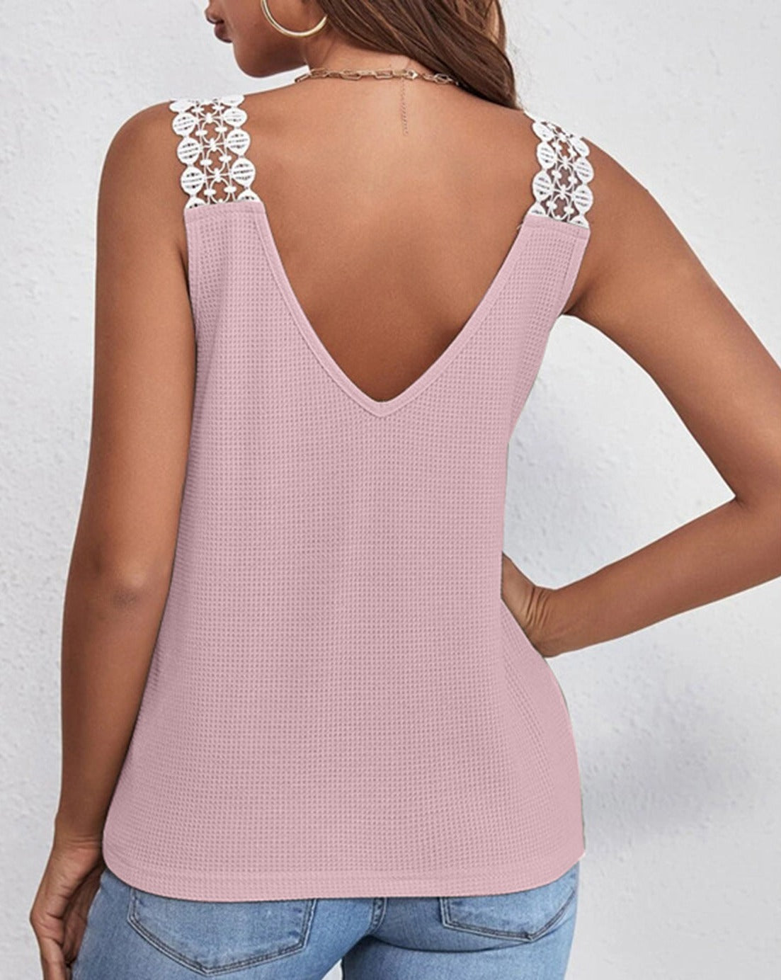 Lace Detail Waffle-Knit V-Neck Women Tank