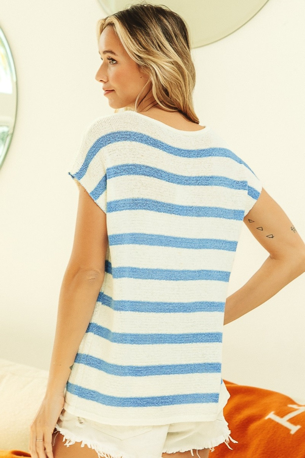 BiBi Striped Round Neck Short Sleeve Knit Women Top