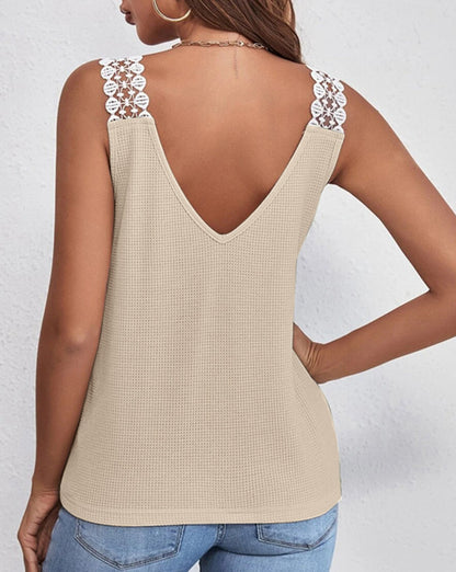 Lace Detail Waffle-Knit V-Neck Women Tank