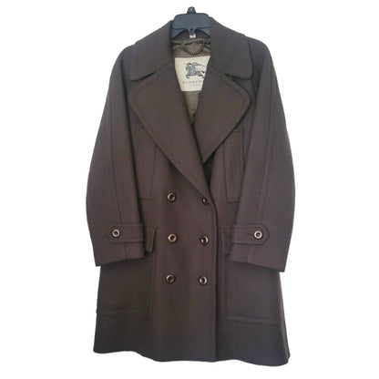 (Used) Burberry London Brown Wool Wide Collar Double Breasted Pea Women Coat US 6