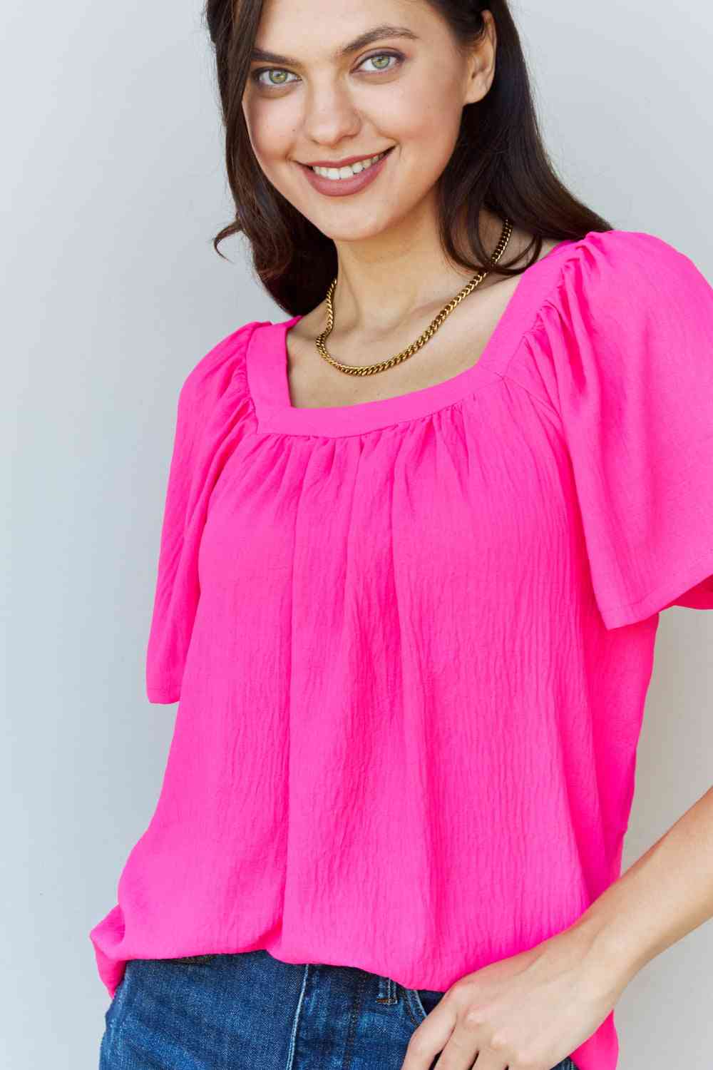 Ninexis Keep Me Close Square Neck Short Sleeve Women Blouse in Fuchsia