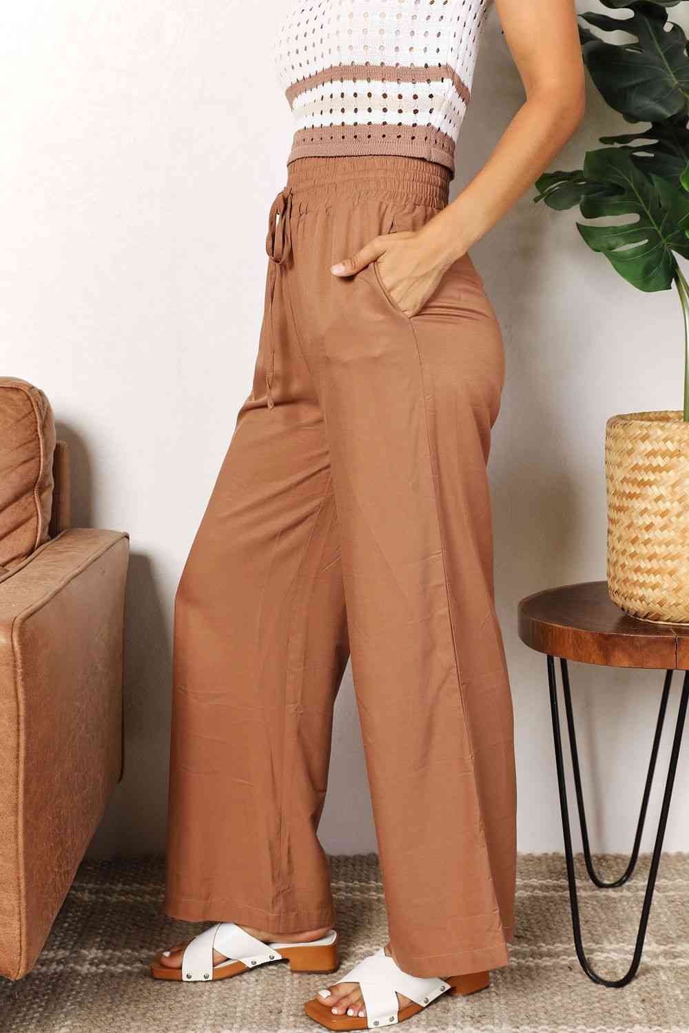 Double Take Drawstring Smocked Waist Wide Leg women Pants