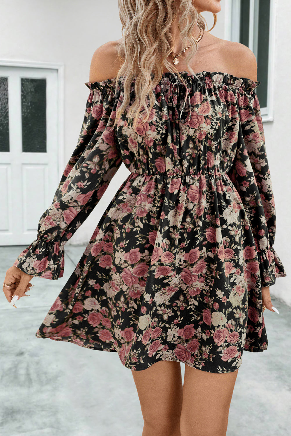 Floral Off-Shoulder Flounce Sleeve Women Dress