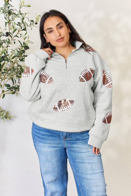 Double Take Full Size Sequin Football Half Zip Long Sleeve Women Sweatshirt