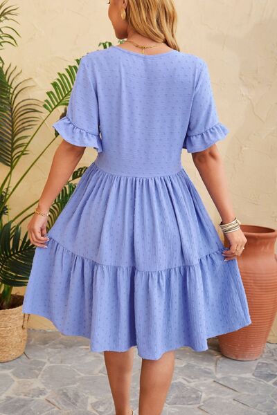 Swiss Dot Ruffled V-Neck Tiered Women Dress