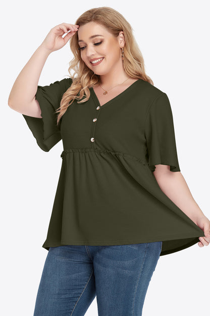 Plus Size Buttoned V-Neck Frill Trim Women Babydoll Blouse