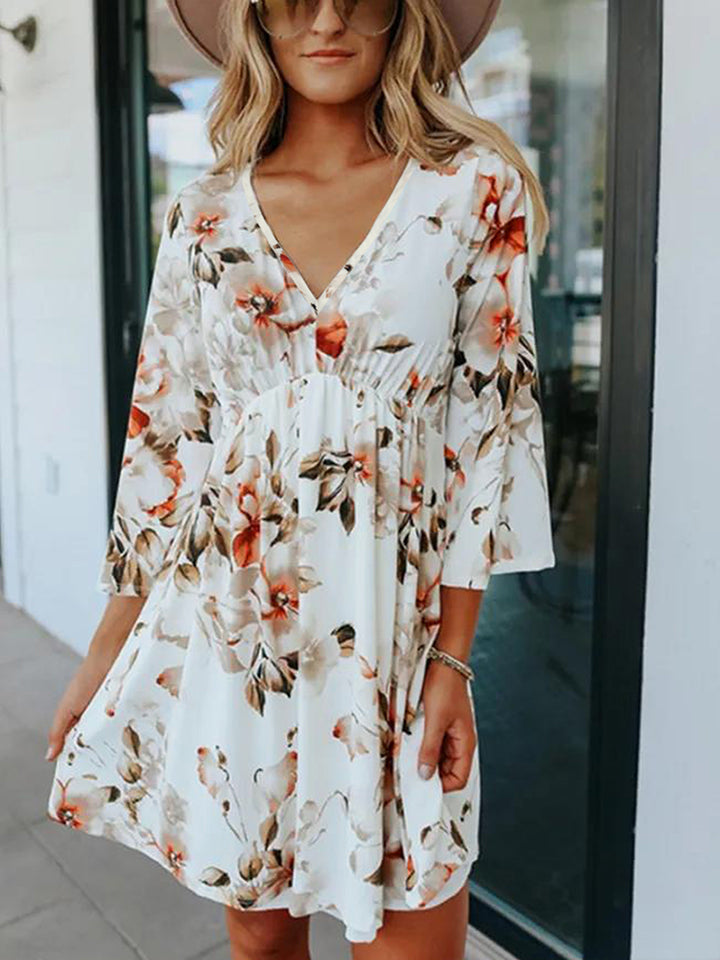 Floral V-Neck Three-Quarter Sleeve Women Dress