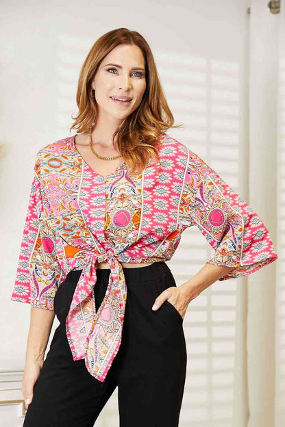 Double Take Tie Hem V-Neck Three-Quarter Sleeve Women Blouse