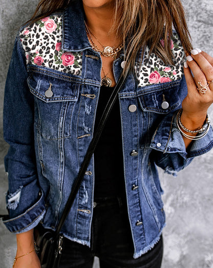 SYNZ Mixed Print Distressed Button Front Denim Women Jacket