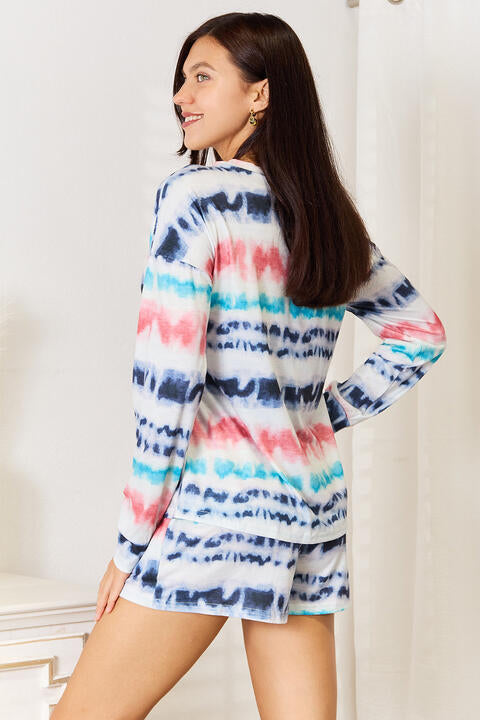 Double Take Tie-Dye Dropped Shoulder Lounge Women Set