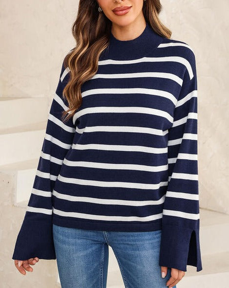 Striped Slit Drop Shoulder Women's Sweater