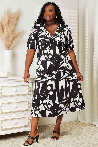 Double Take Printed Surplice Balloon Sleeve Women Dress