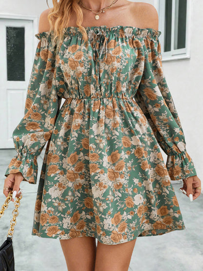 Floral Off-Shoulder Flounce Sleeve Women Dress