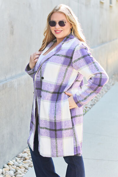 Double Take Full Size Plaid Button Up Lapel Women Collar Coat