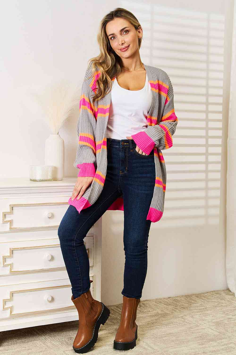 Woven Right Ribbed Long Sleeve Women Cardigan