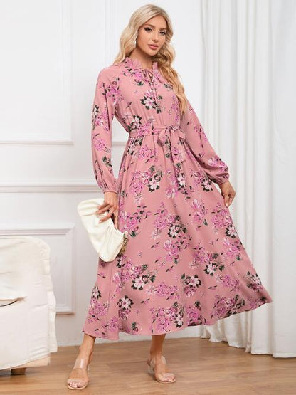 Floral Tie Front Balloon Sleeve Women Dress