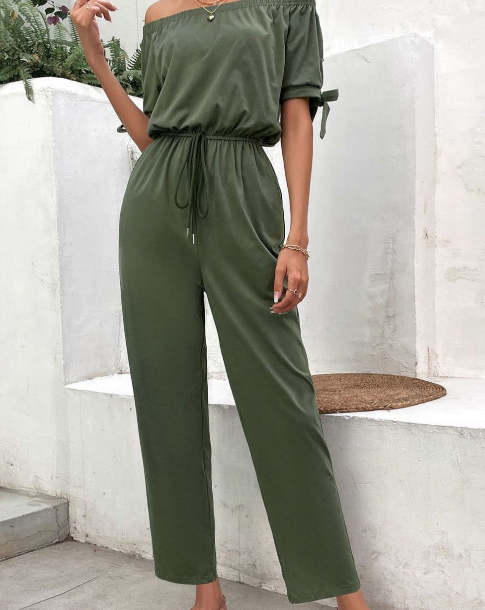 Off-Shoulder Tie Cuff Women Jumpsuit with Pockets