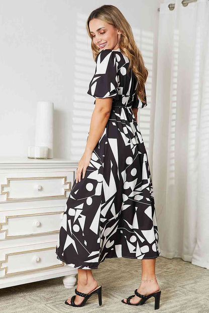 Double Take Printed Surplice Balloon Sleeve Women Dress