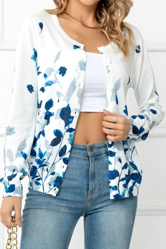 Floral Button Front Round Neck Women Cardigan