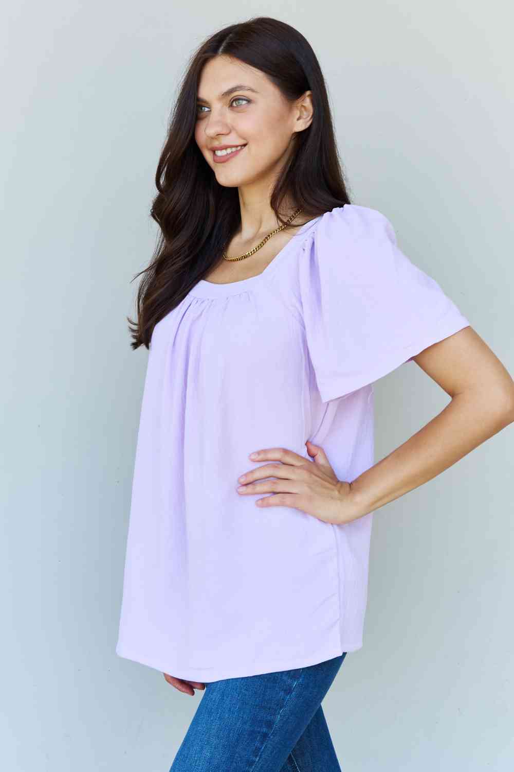 Ninexis Keep Me Close Square Neck Short Sleeve Women Blouse in Lavender