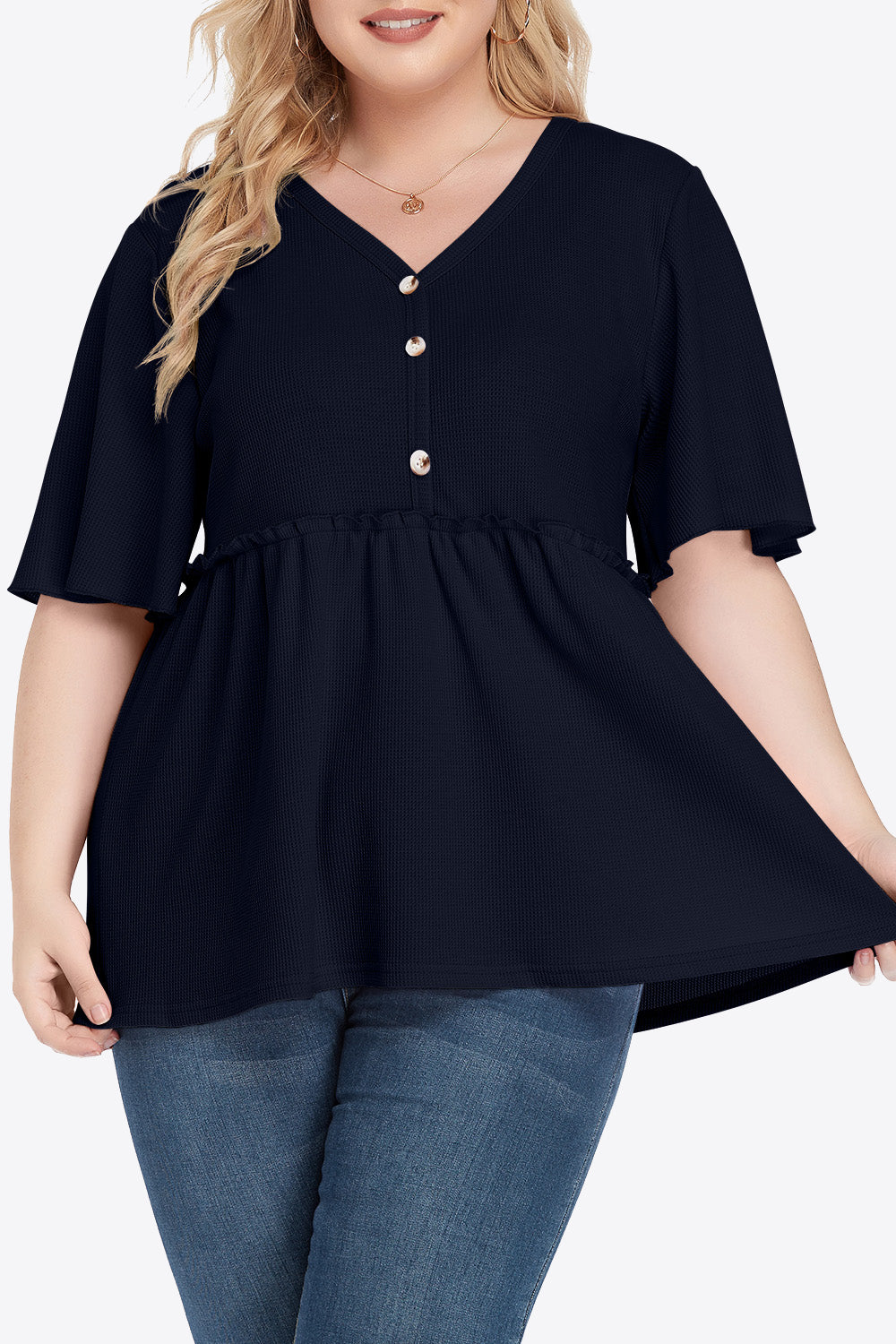 Plus Size Buttoned V-Neck Frill Trim Women Babydoll Blouse