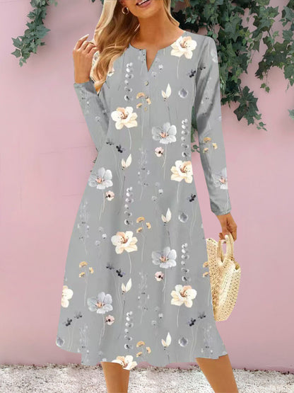 Floral Notched Long Sleeve Midi Women Dress