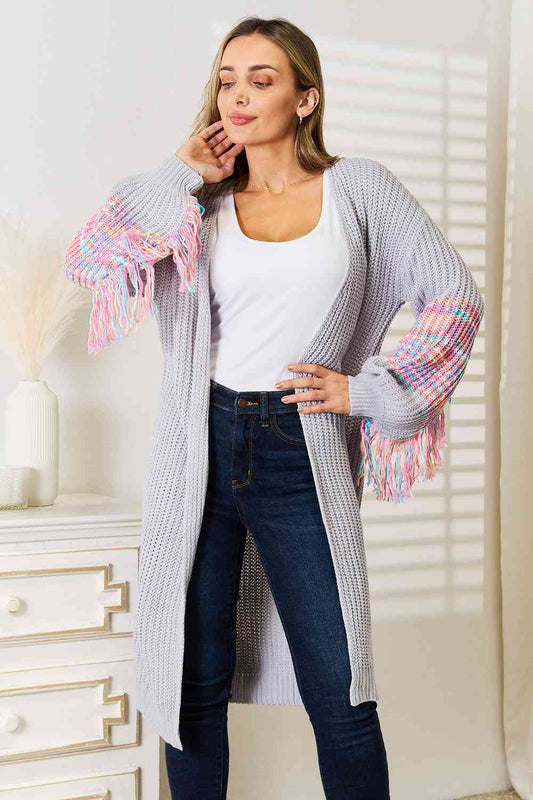 Woven Right Fringe Sleeve Dropped Shoulder Women Cardigan