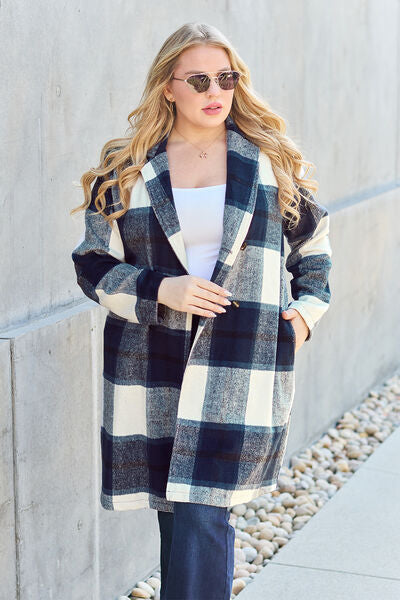 Double Take Full Size Plaid Button Up Lapel Women Collar Coat