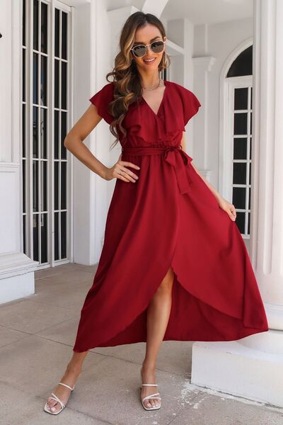 Ruffled Surplice Tie Waist Slit Midi Women Dress