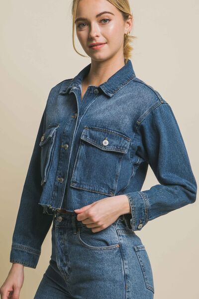 LOVE TREE Raw Hem Button Up Cropped Denim Women Jacket