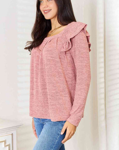 Double Take Square Neck Ruffle Shoulder Long Sleeve Women T-Shirt