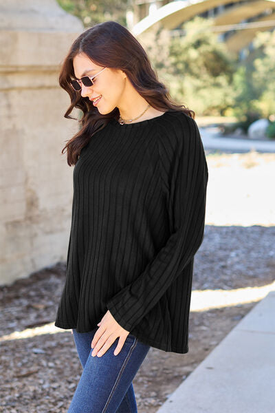 Basic Bae Full Size Ribbed Round Neck Long Sleeve Knit Women Top