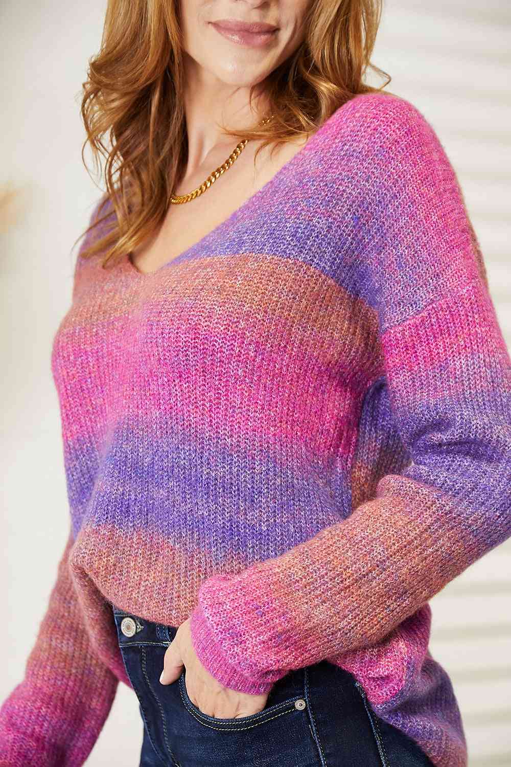 Double Take Multicolored Rib-Knit V-Neck Knit Women Pullover