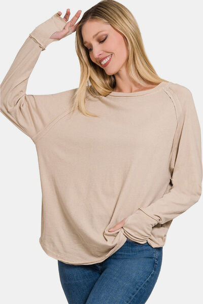 Zenana Round Neck Thumbhole Long Sleeve Women Top