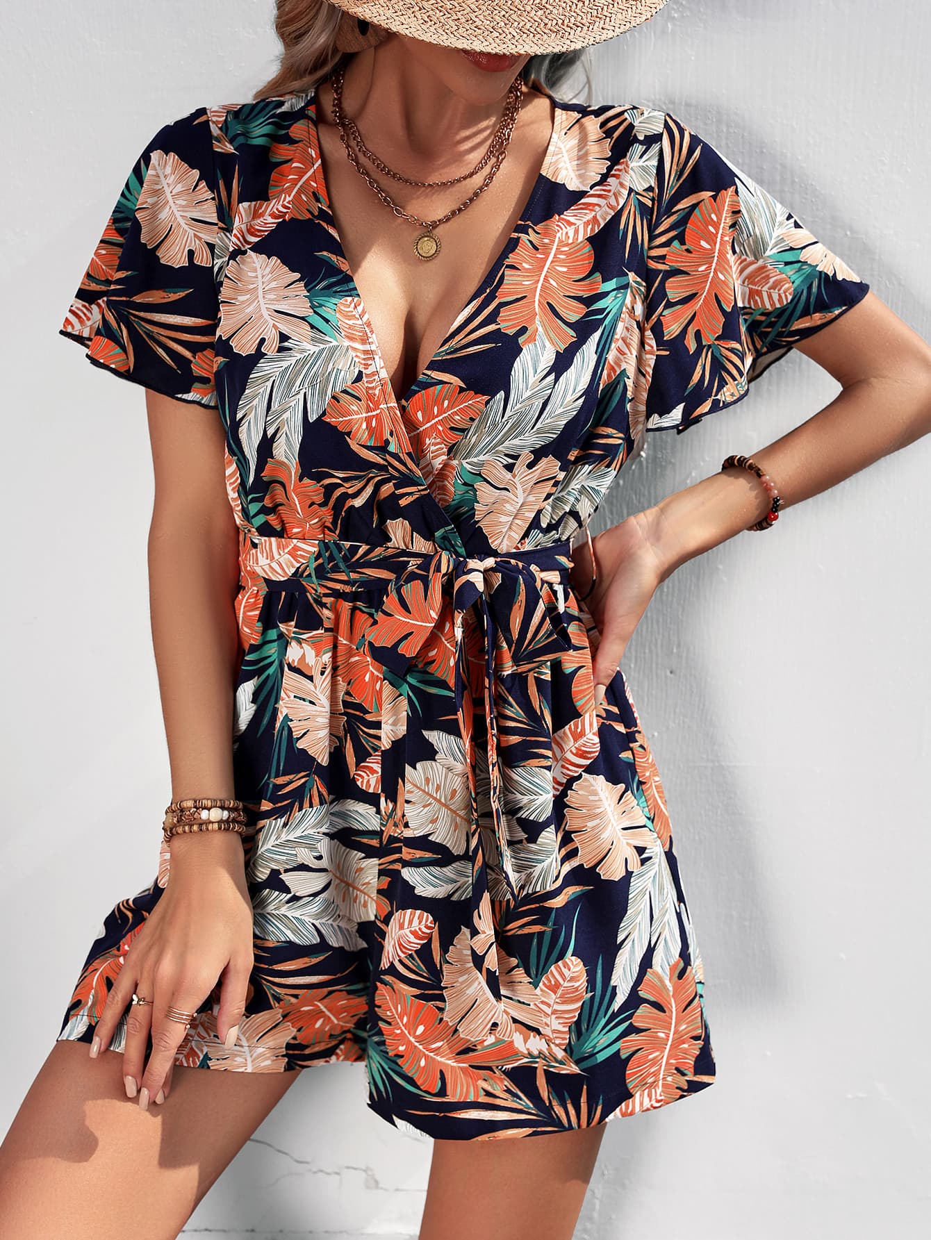 Botanical Print Surplice Neck Tie Waist Women Romper