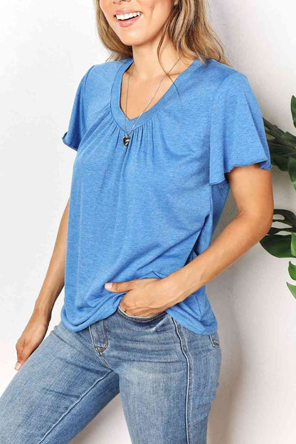 Double Take Ruched V-Neck Short Sleeve Women T-Shirt