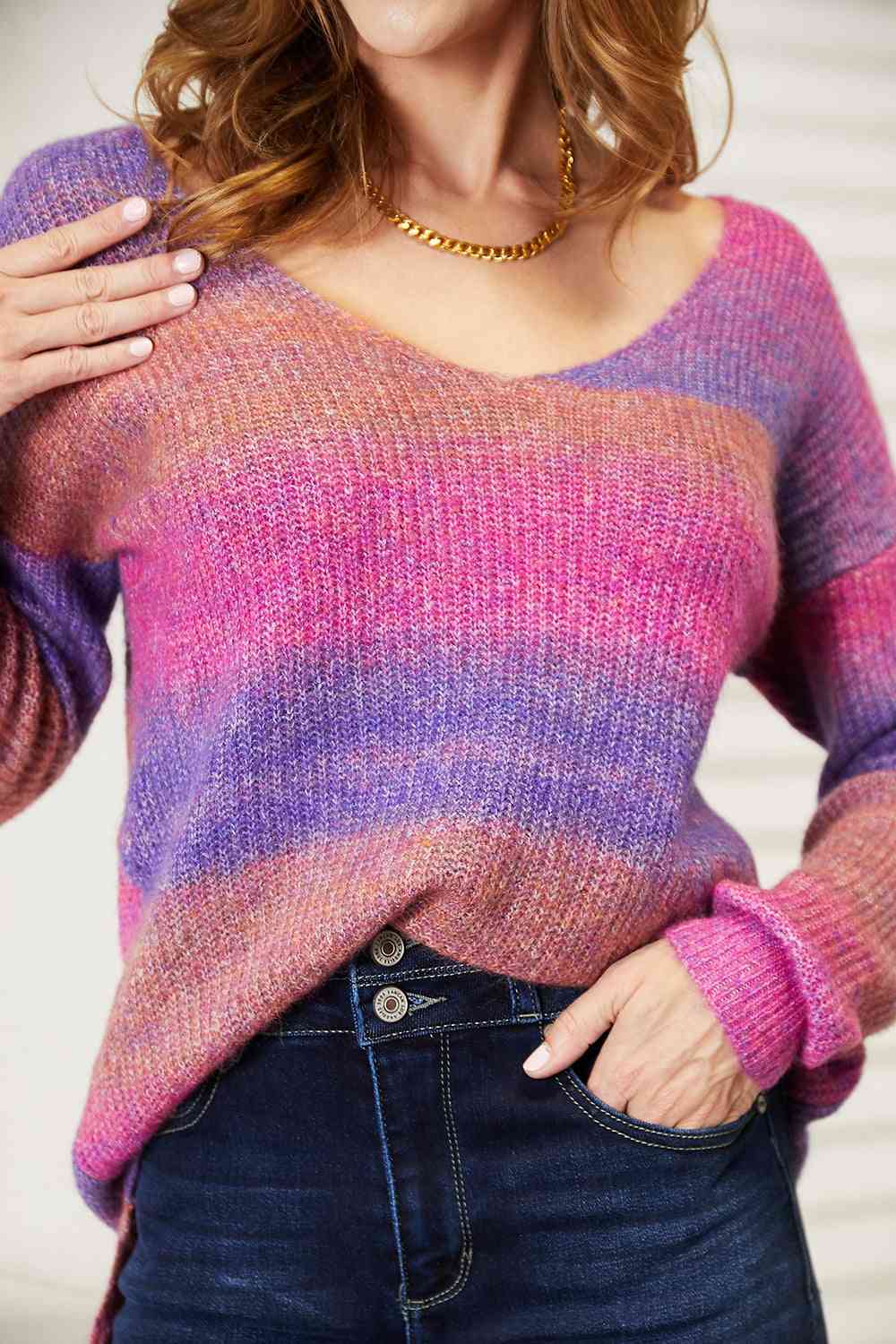 Double Take Multicolored Rib-Knit V-Neck Knit Women Pullover