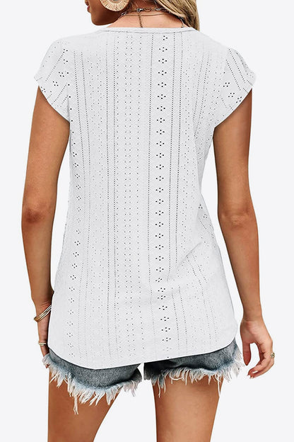 Eyelet Contrast V-Neck Women T-Shirt