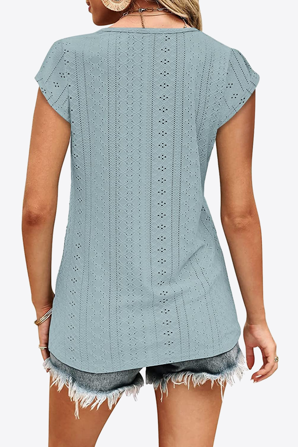 Eyelet Contrast V-Neck Women T-Shirt