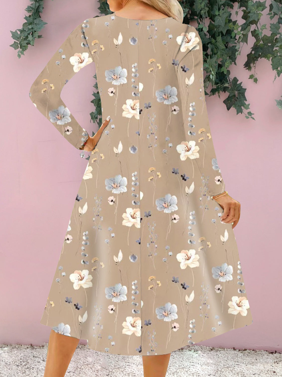 Floral Notched Long Sleeve Midi Women Dress