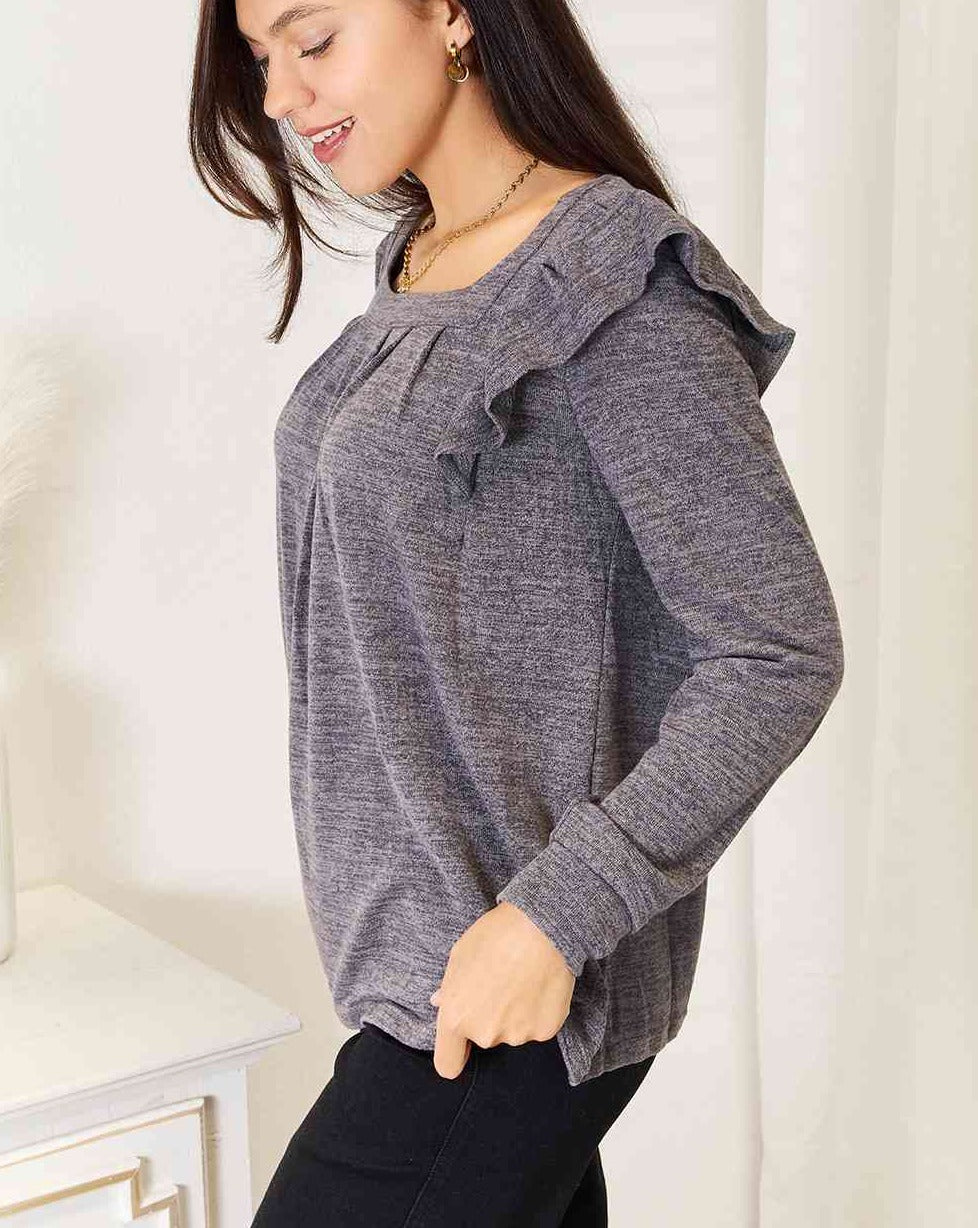 Double Take Square Neck Ruffle Shoulder Long Sleeve Women T-Shirt