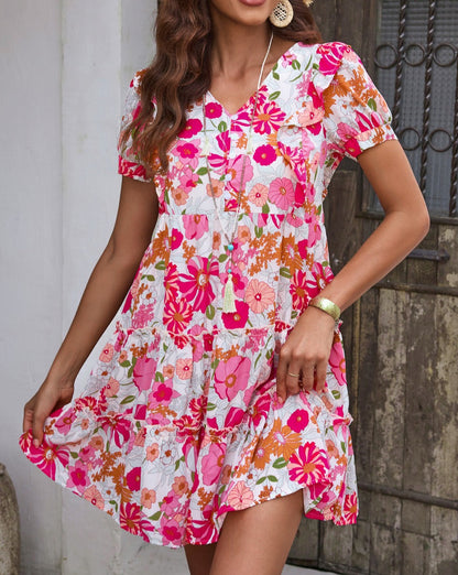 Floral V-Neck Short Sleeve Women Dress