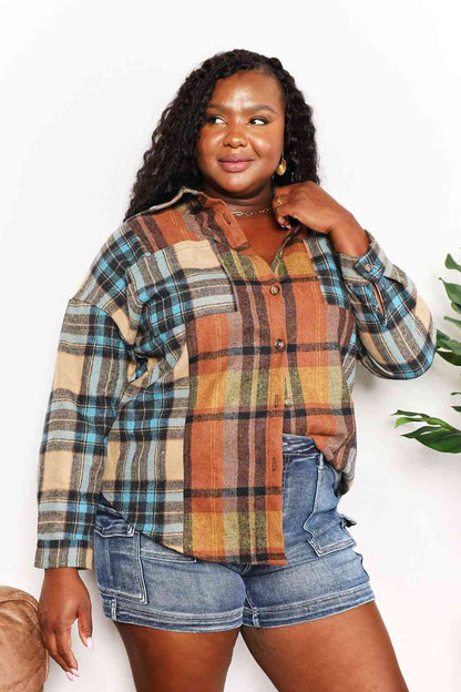 Double Take Plaid Curved Women Hem Shirt Jacket with Breast Pockets