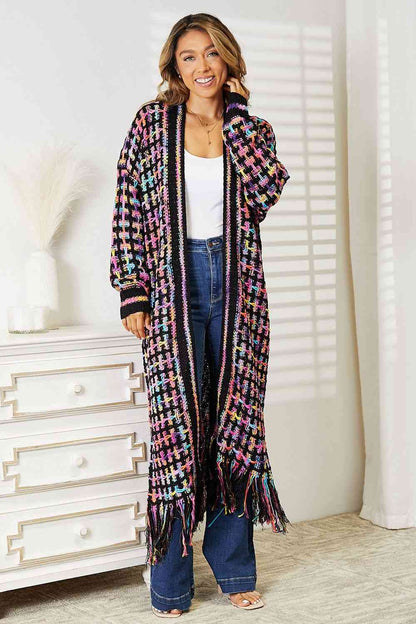 Double Take Full Size Multicolored Open Front Fringe Hem Women Cardigan